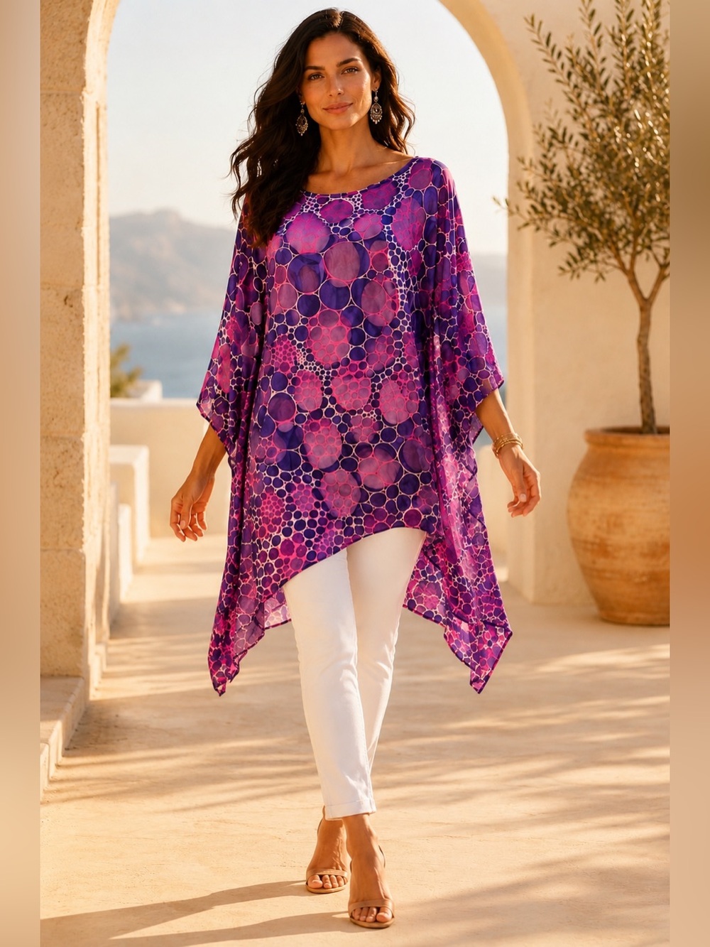 Resort Chic Purple Pink Silk Blend Kaftan Tunic O/S White Lotus Style